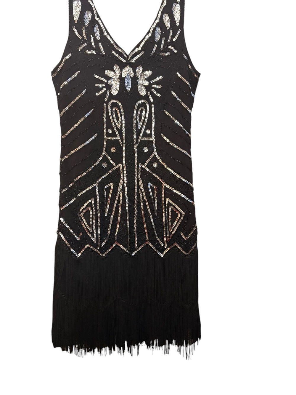 Babeyond Black & Silver Beaded V-Neck Fringe Mini Cocktail Party Dress sz S